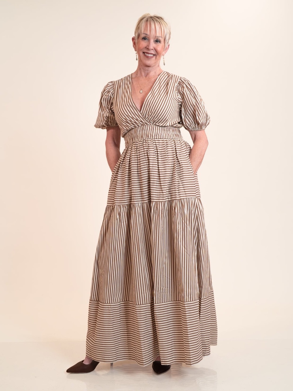 Pinch Striped Puffed Sleeve Tiered Maxi Dress large boho modest resort fall